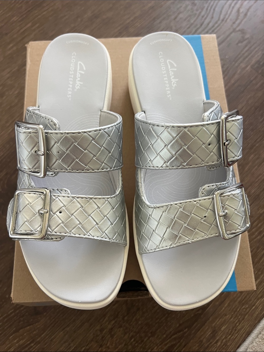 Clarks Silver Braided Double-Buckle Cloudsteppers Slide Sandal